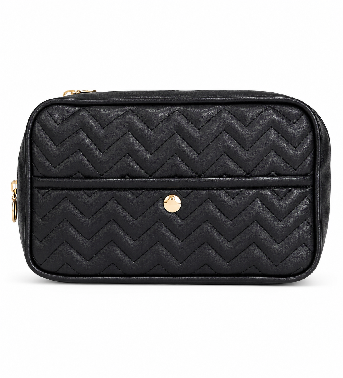 Bolso organizador acolchado multifuncional de color negro con cierre y botón magnético.