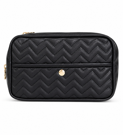 Bolso organizador acolchado multifuncional de color negro con cierre y botón magnético.