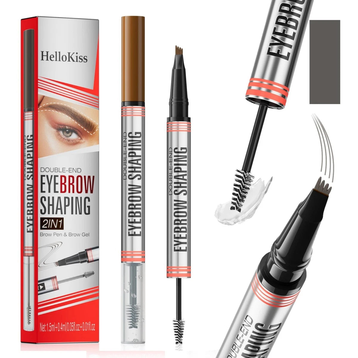 Moldeador de cejas 2 en 1 que incluye un lápiz líquido y un gel fijador.