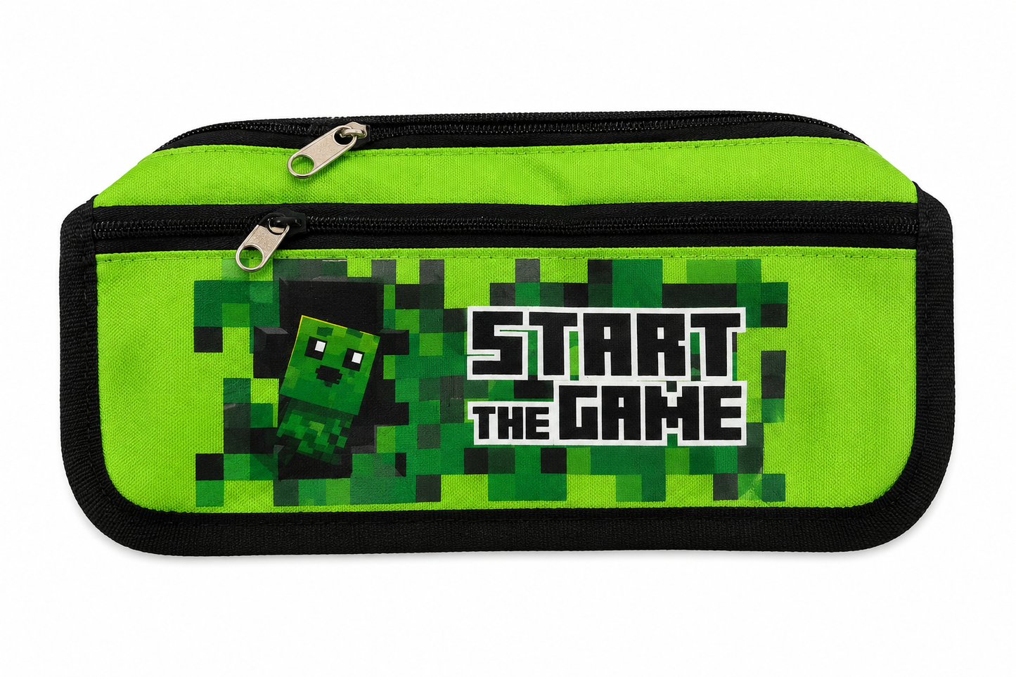 Estuche escolar con doble compartimento y diseño gamer verde.