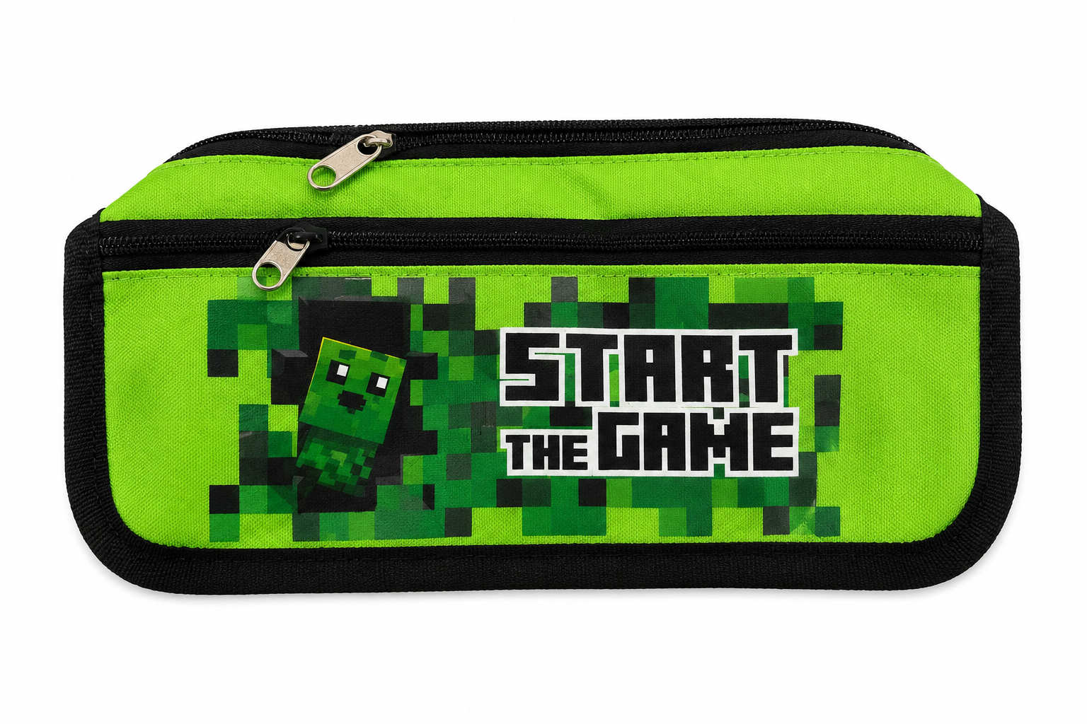 Estuche escolar con doble compartimento y diseño gamer verde.