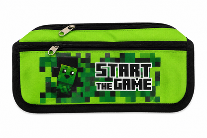 Estuche escolar con doble compartimento y diseño gamer verde.