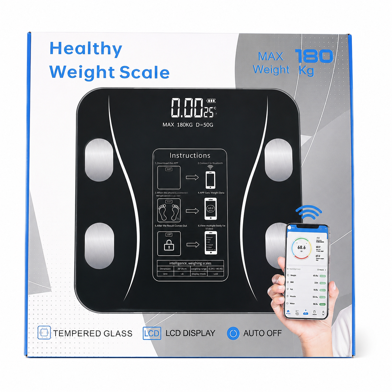 Báscula Digital Inteligente para Peso Corporal con Pantalla LCD y Conectividad Bluetooth, Capacidad de 180 kg.