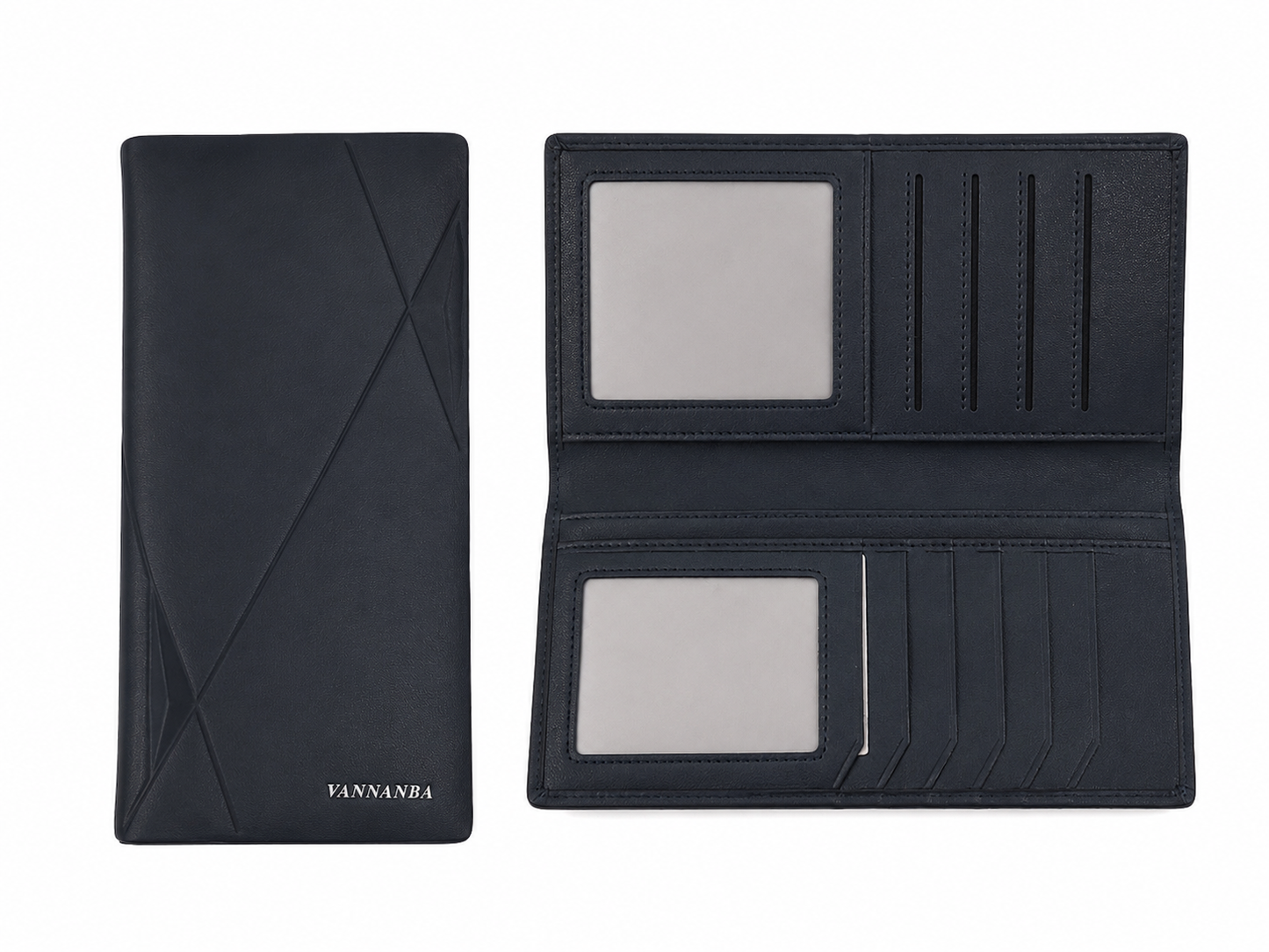 Billetera larga de diseño geométrico en color negro con múltiples compartimentos para tarjetas.