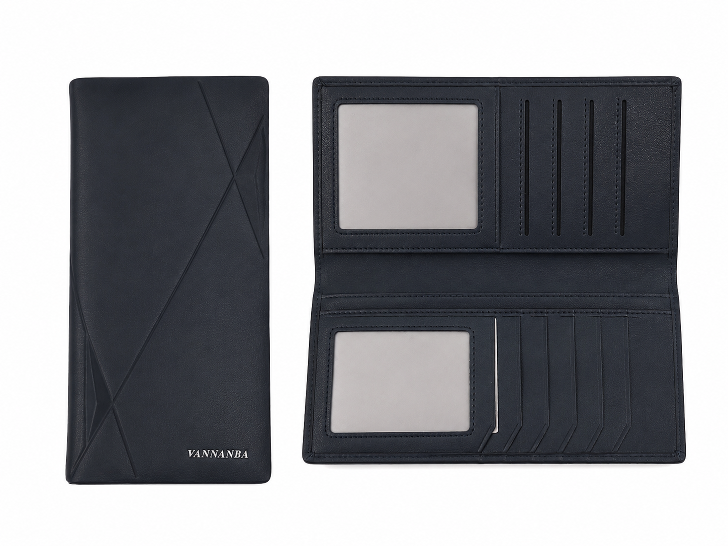 Billetera larga de diseño geométrico en color negro con múltiples compartimentos para tarjetas.