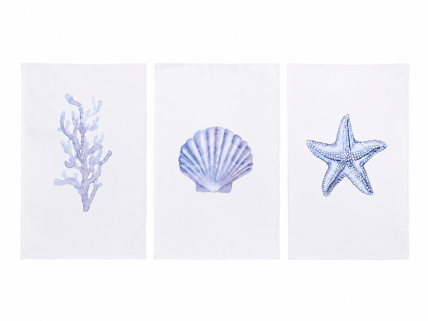 Juego de 3 Tapices Decorativos con Diseño de Coral, Concha Marina y Estrella de Mar, 50 × 70 cm.