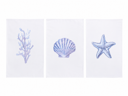 Juego de 3 Tapices Decorativos con Diseño de Coral, Concha Marina y Estrella de Mar, 50 × 70 cm.