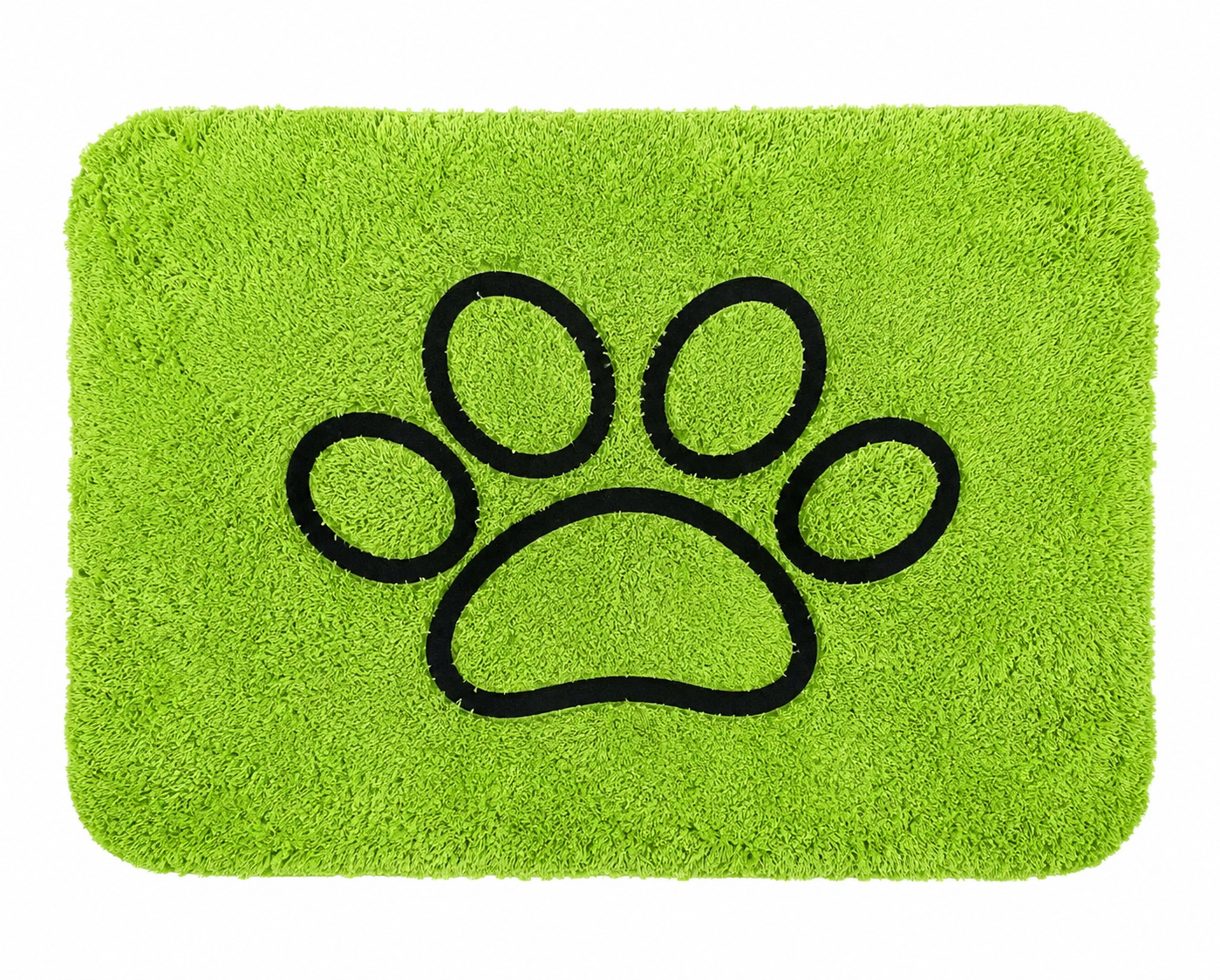 Alfombra rectangular de felpa verde con diseño de huella de mascota.