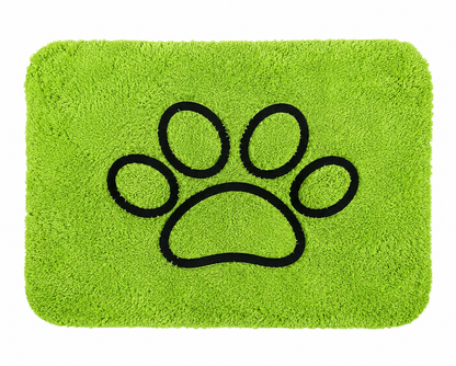 Alfombra rectangular de felpa verde con diseño de huella de mascota.