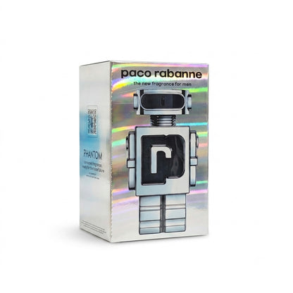 Fragancia masculina presentada en una botella metálica con forma de robot.
