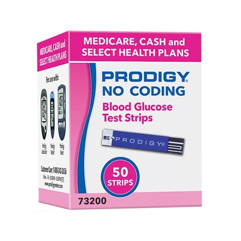 Tiras reactivas para examen de glucosa en sangre Prodigy No Coding modelo 73200 con 50 tiras.