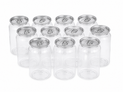 Paquete de 10 vasos transparentes con tapa tipo lata reutilizables para bebidas.