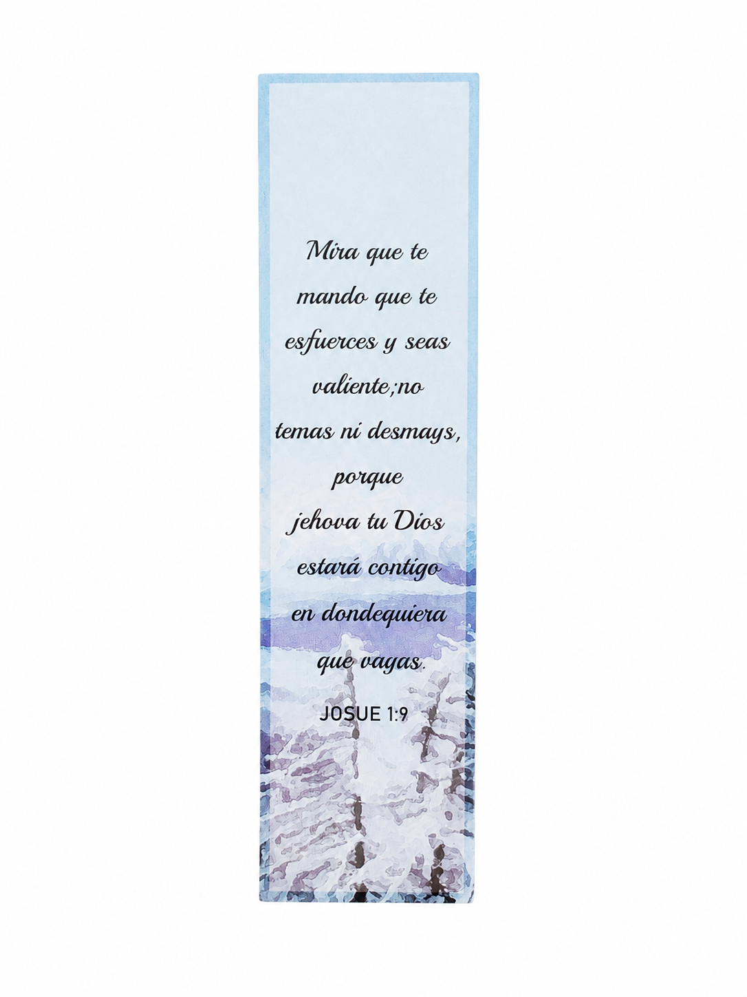 Separador de Libros Laminado con Versículo Bíblico Josué 1:9 y Diseño de Paisaje.