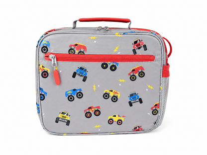 Lonchera Térmica Infantil con Bolsillo Frontal y Compartimento Principal, Diseño de Camiones Monster Color Gris.