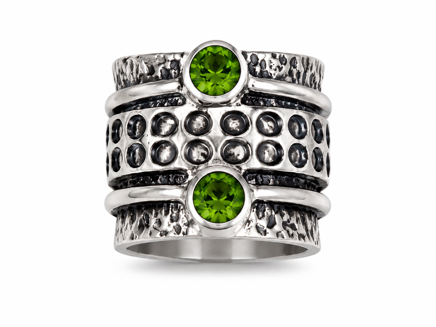 Anillo Giratorio de Acero Inoxidable con Zirconias Verdes y Diseño Vintage Plateado.