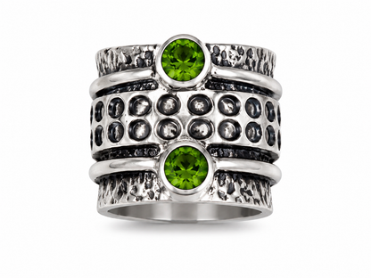 Anillo Giratorio de Acero Inoxidable con Zirconias Verdes y Diseño Vintage Plateado.