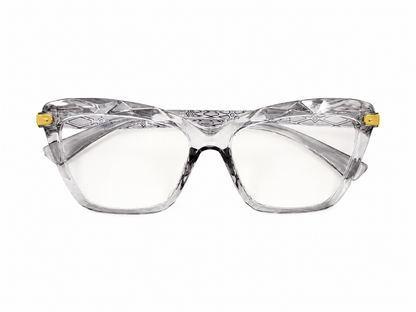 Lentes de luz azul con montura transparente gris de estilo cuadrado para mujer.