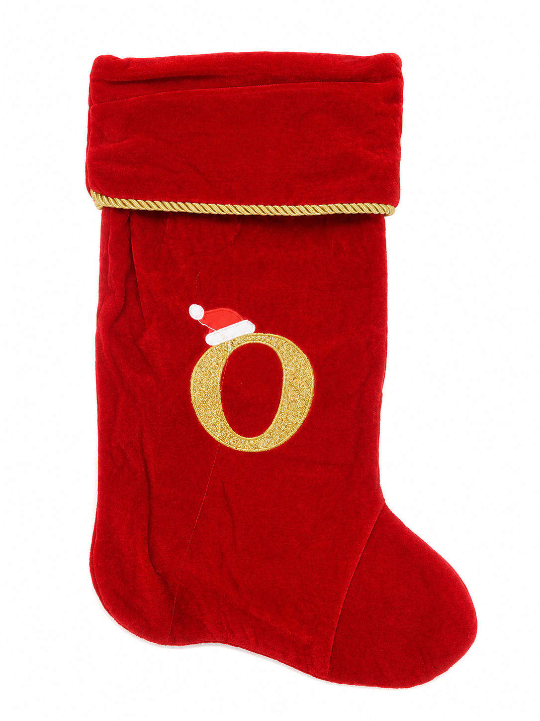 Bota navideña roja con letra O dorada y detalle de gorro festivo.