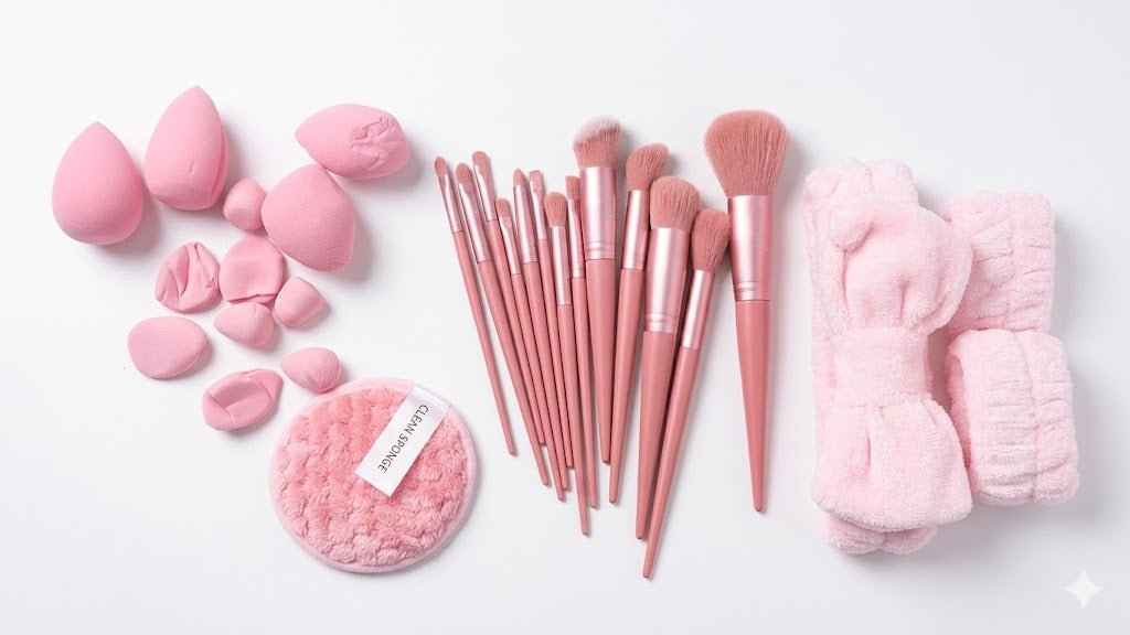 Set de brochas de maquillaje rosa que incluye 33 piezas con cerdas sintéticas diseñadas para aplicaciones de base, polvos y sombras
