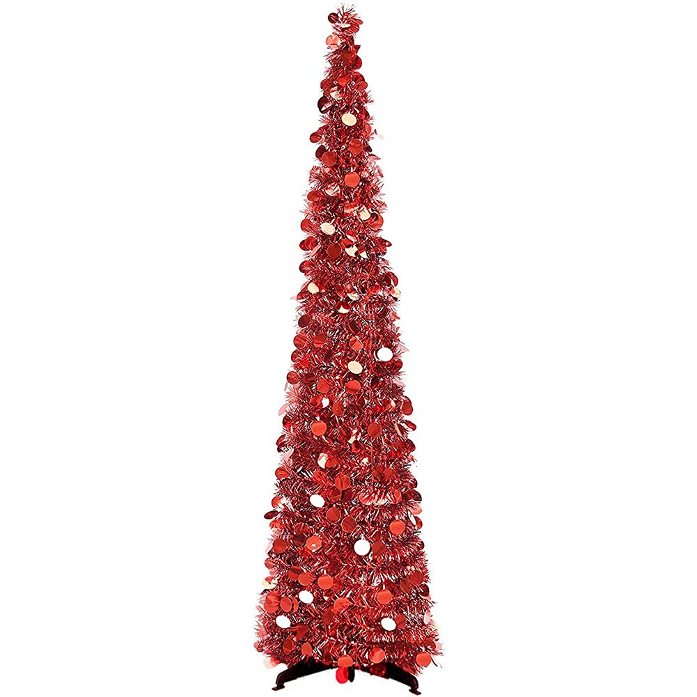 Árbol decorativo cónico rojo con lentejuelas brillantes de 5 pies.