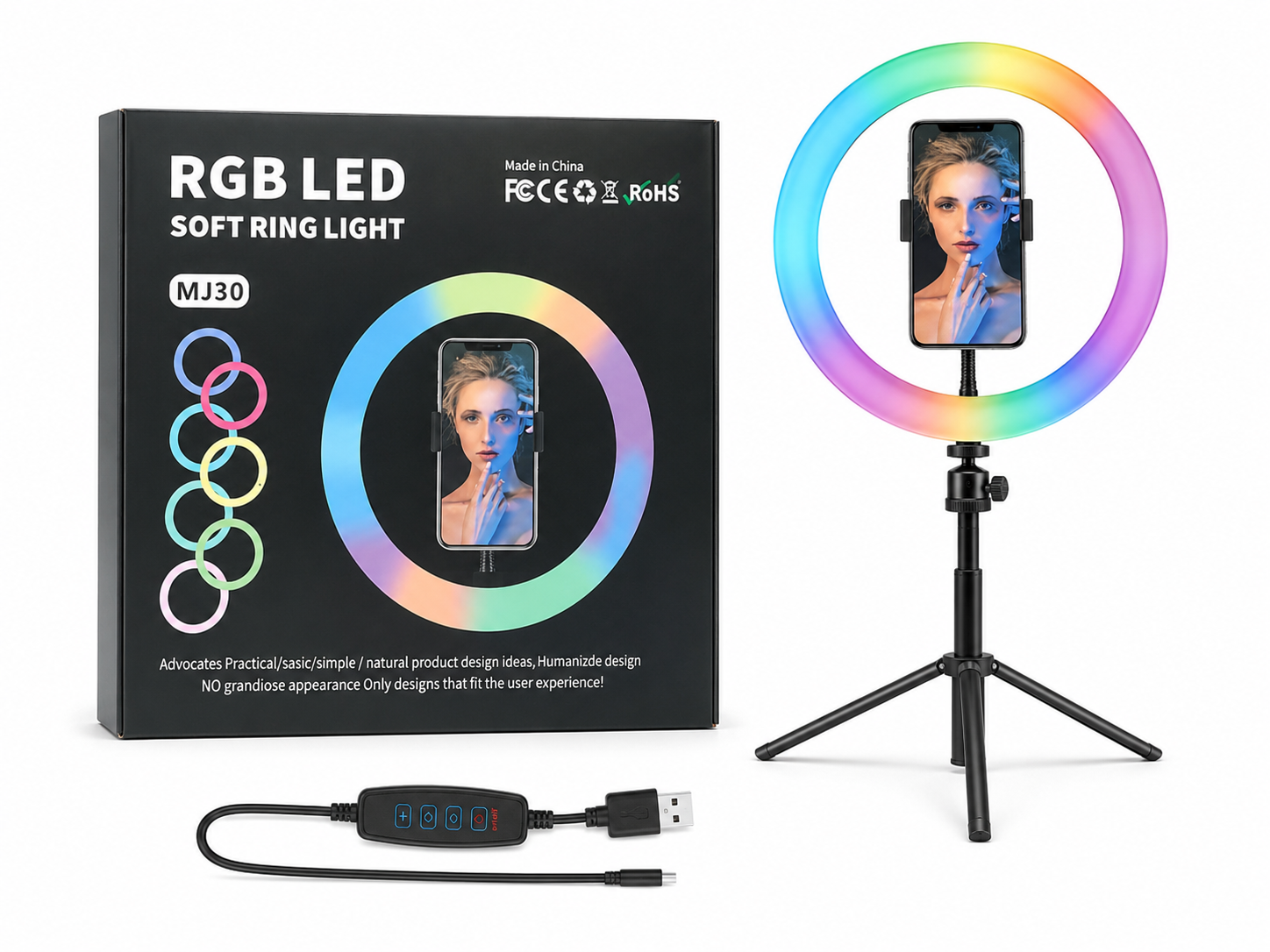 Aro de Luz LED RGB con Trípode y Soporte para Teléfono, Modelo MJ30.