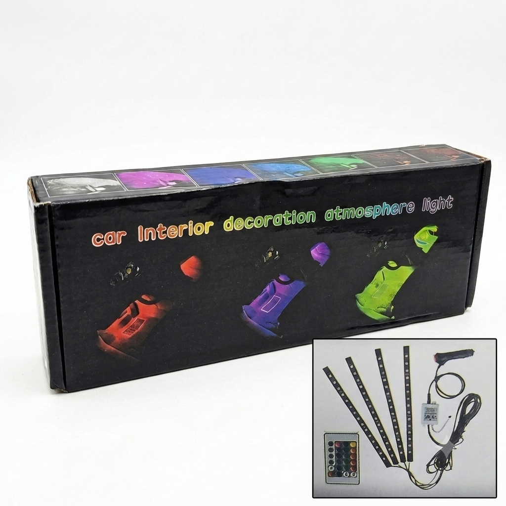 Kit de luces LED para interior de automóvil incluye 4 tiras y control remoto.