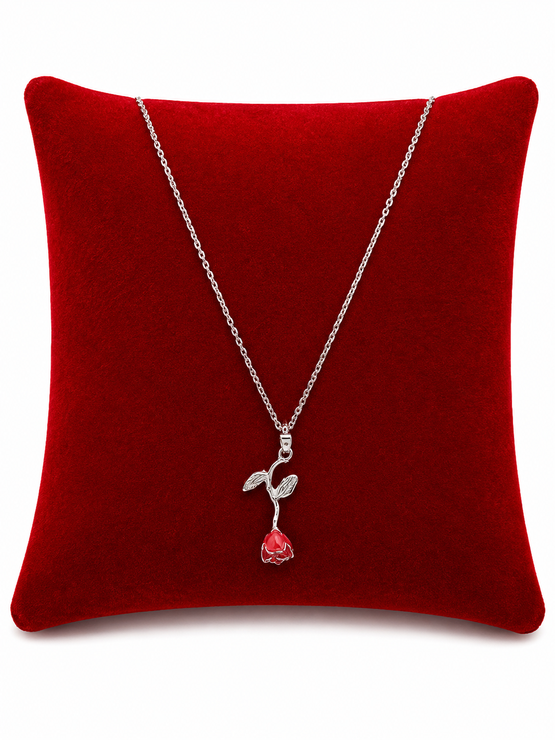 Collar Colgante Rosa Roja con Cadena Plateada.