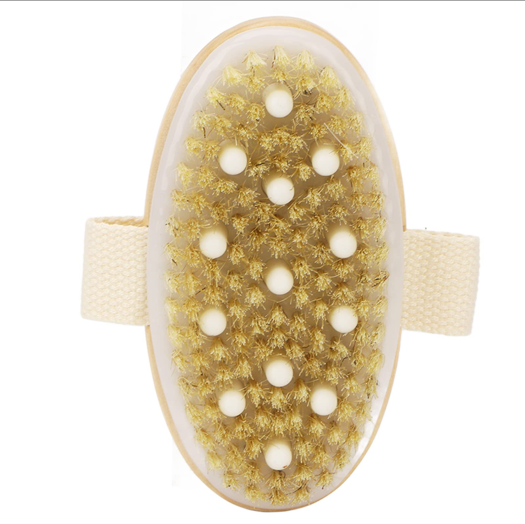 Cepillo corporal ovalado de madera con cerdas naturales y nódulos de masaje de goma para exfoliación.