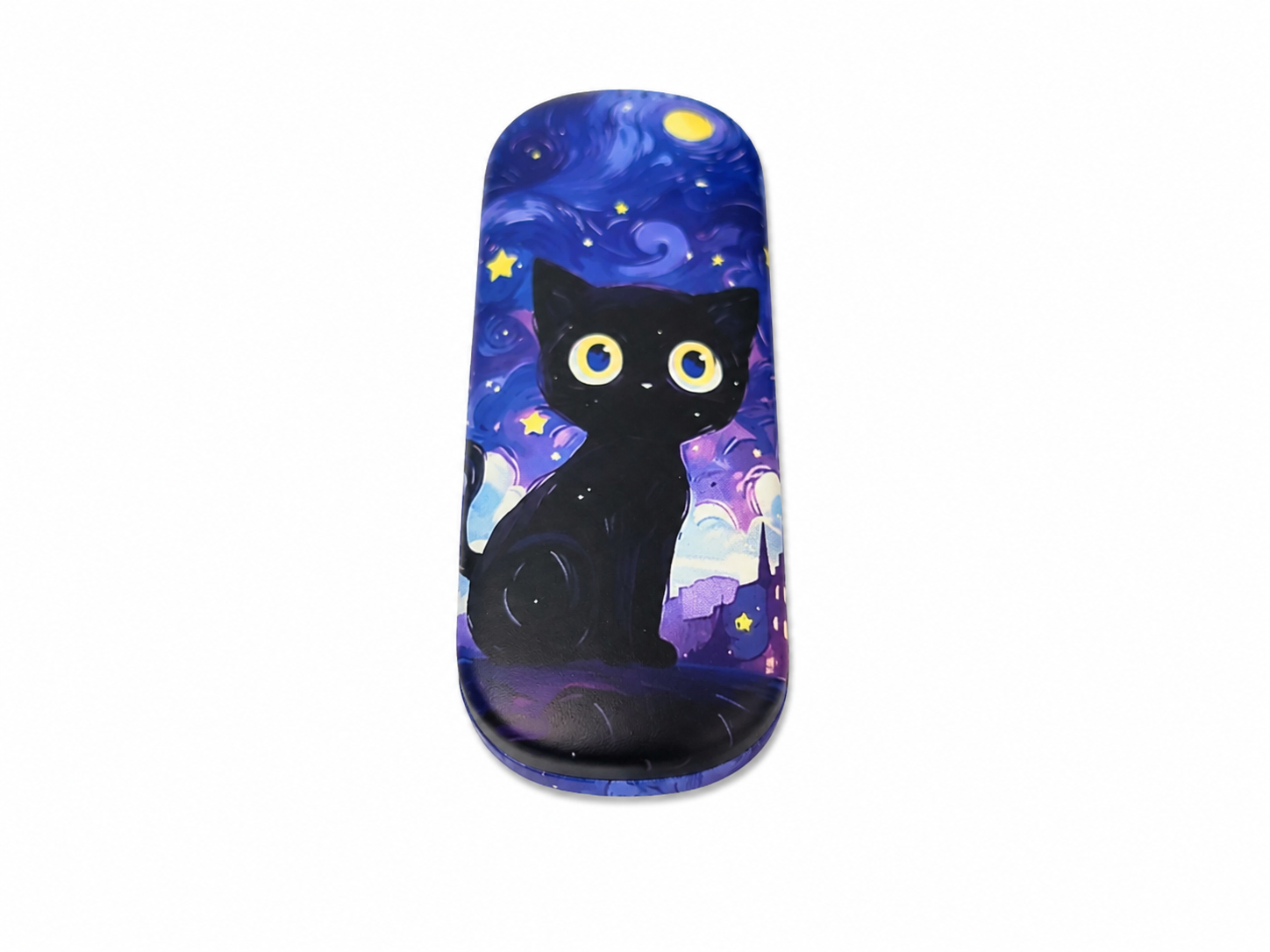 Estuche Rígido para Gafas con Diseño de Gato Negro y Cielo Estrellado.