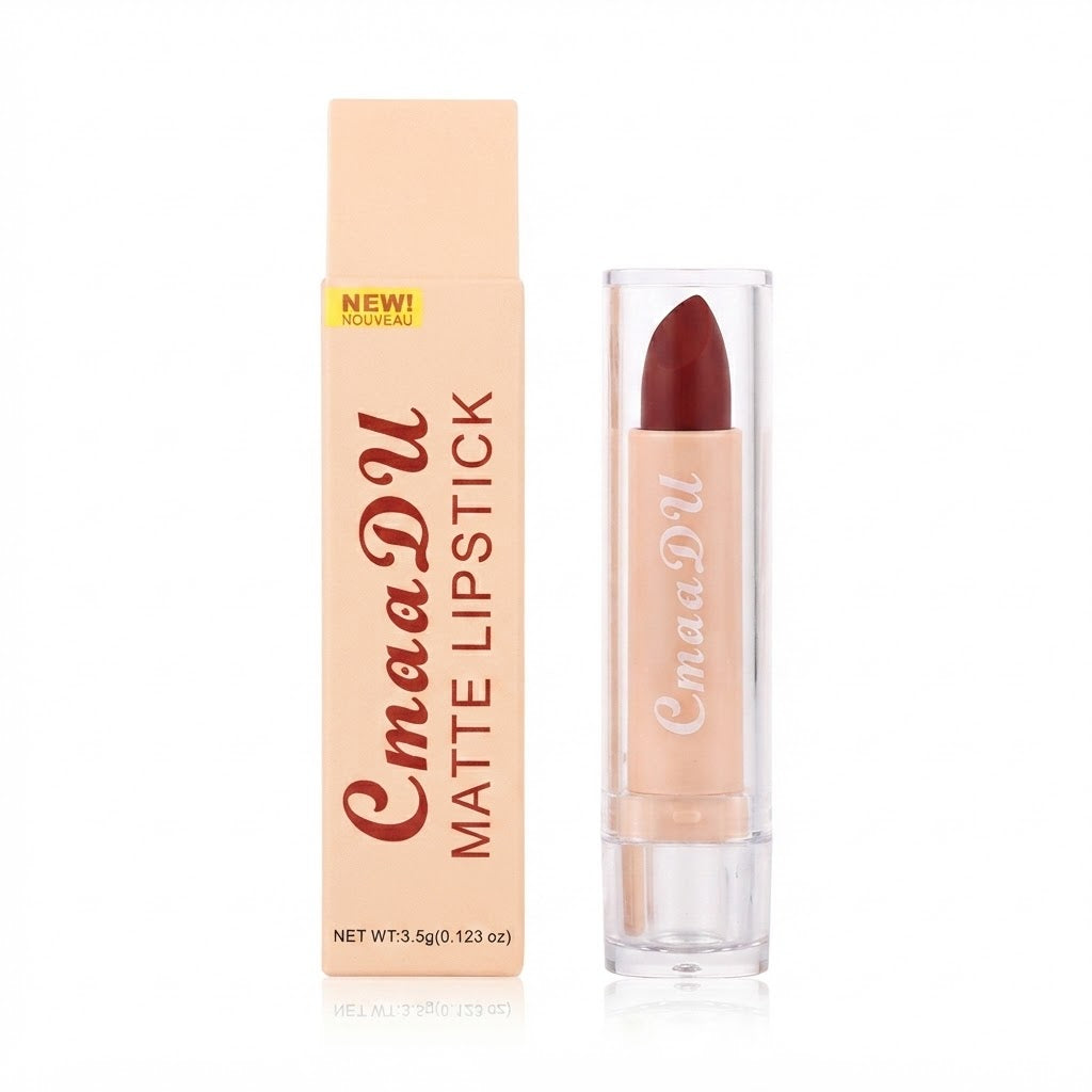 Labial mate por su elegante estuche transparente con diseño en tono nude y una barra de labios en un intenso color rojo.