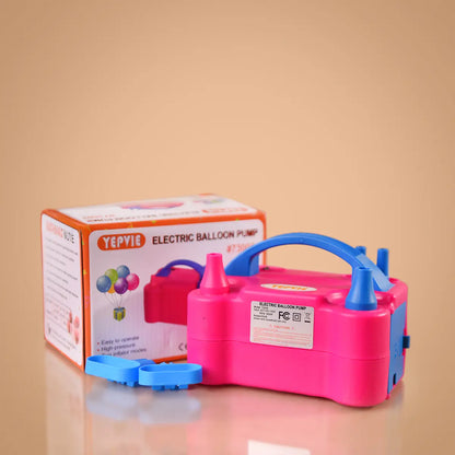 Bomba eléctrica infladora de globos portátil de doble boquilla  en color rosado.