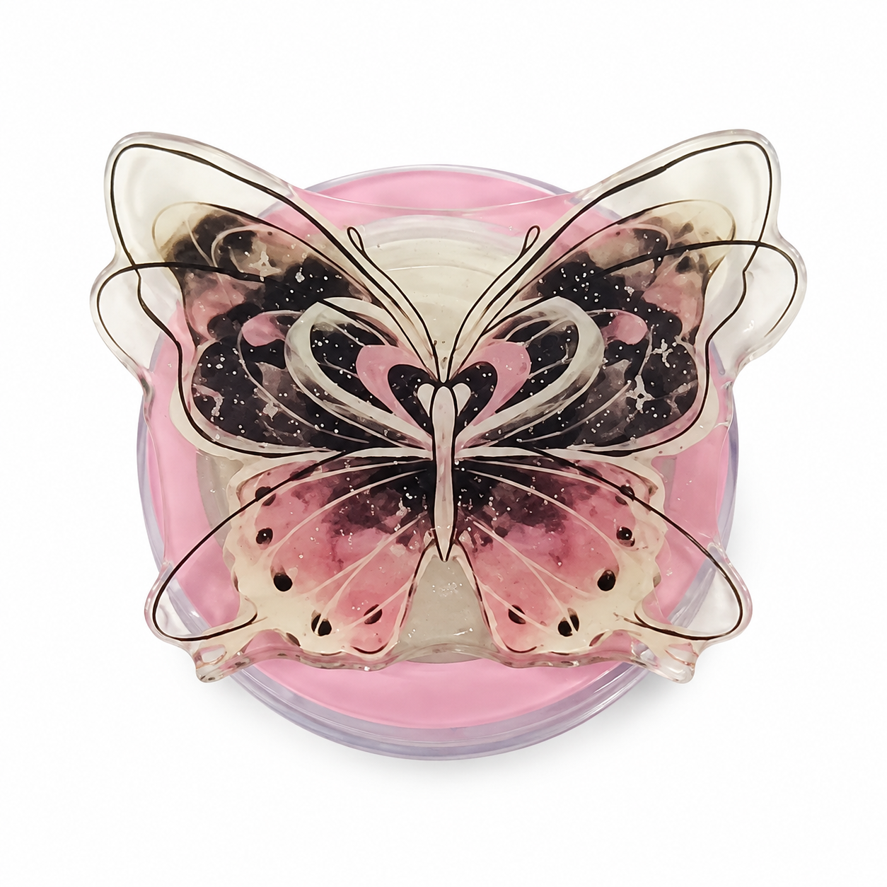 Soporte plegable para celular con mariposa tridimensional en tonos rosa y negro.