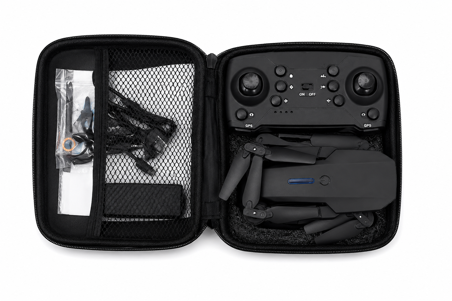 Drone plegable con control remoto, estuche de transporte y accesorios.
