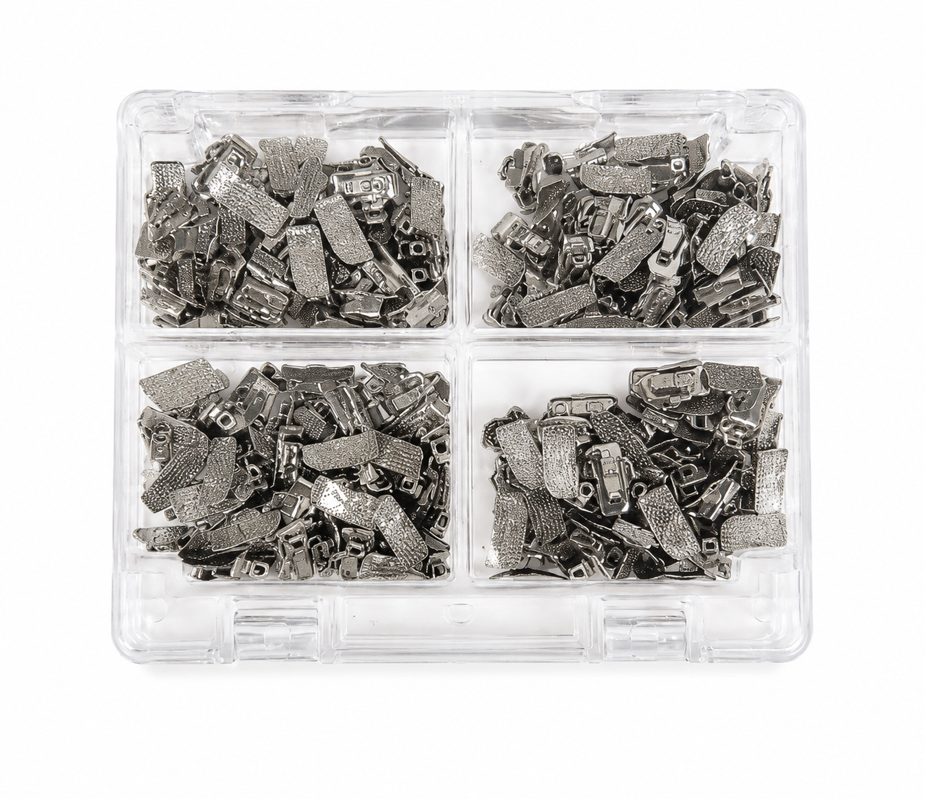 Caja organizadora con ganchos metálicos para brackets de ortodoncia.