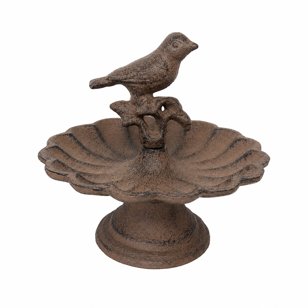 Fuente decorativa para jardín con diseño de ave y pedestal.