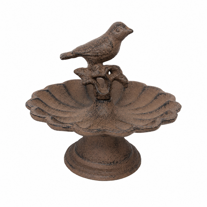Fuente decorativa para jardín con diseño de ave y pedestal.