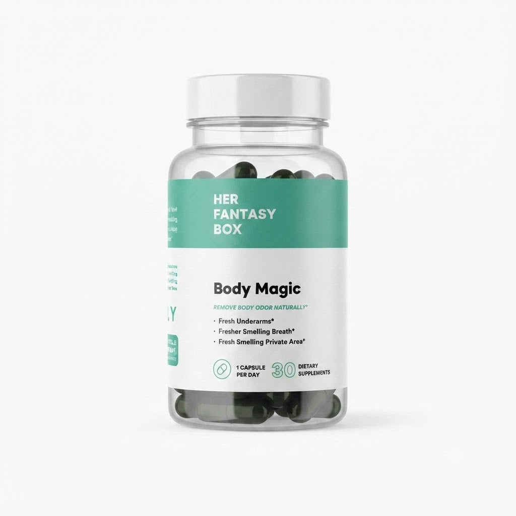 Frasco de Body Magic, un suplemento dietético que contiene cápsulas de clorofila.