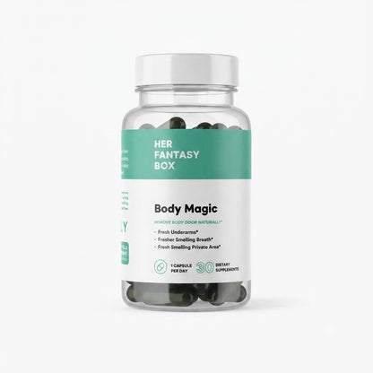 Frasco de Body Magic, un suplemento dietético que contiene cápsulas de clorofila.