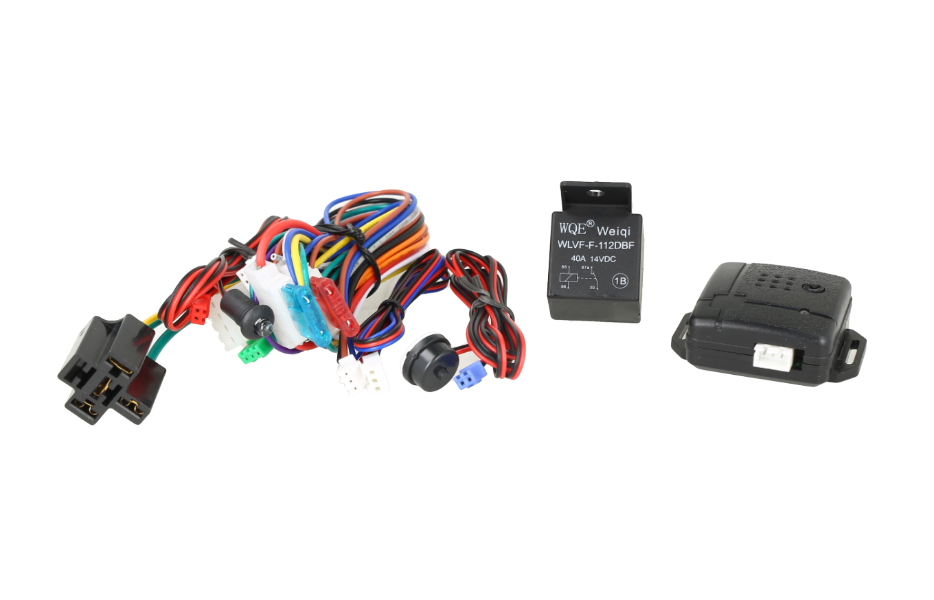 Kit de sistema de alarma para automóvil WQE WLVF-F-112DBF que incluye el módulo principal, cableado y un relé de 40A.