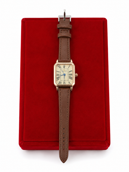 Reloj de Pulsera Rectangular con Correa de Cuero Sintético Marrón y Esfera con Números Romanos.