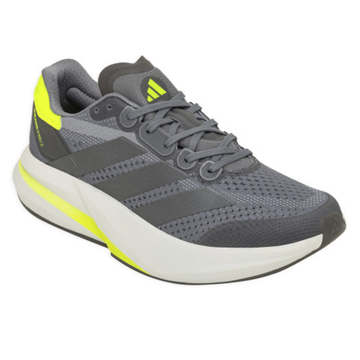 Tenis deportivos grises con detalles amarillo neón, talla 12.