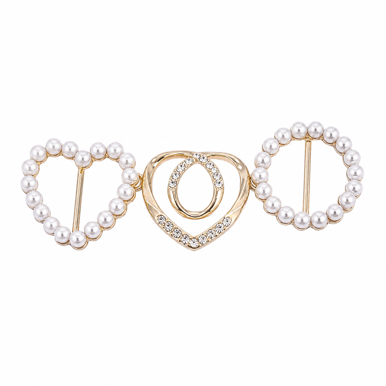Broche Decorativo Dorado con Corazones, Perlas Blancas y Detalles Brillantes.