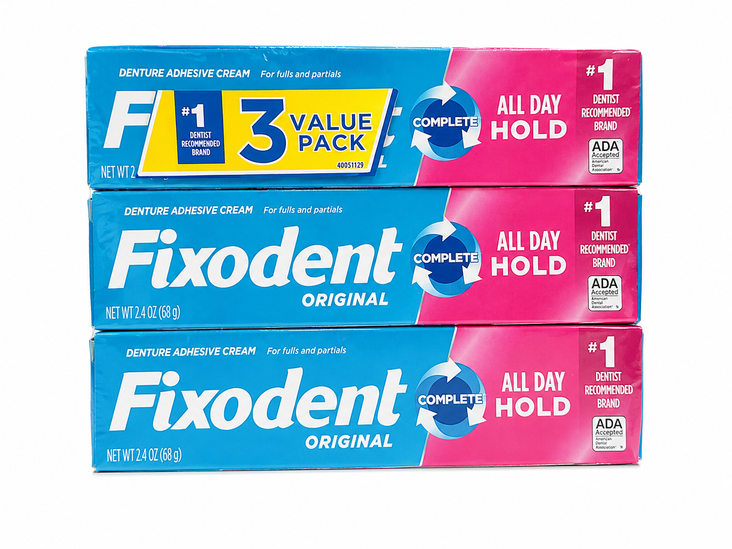 Crema adhesiva para dentaduras postizas de fijación prolongada, paquete de 3 unidades de 68 g.