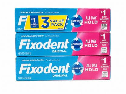 Crema adhesiva para dentaduras postizas de fijación prolongada, paquete de 3 unidades de 68 g.