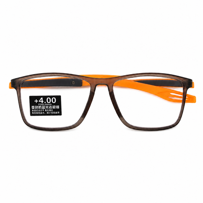 Gafas de lectura +4.00 con montura rectangular marrón y patillas naranjas.
