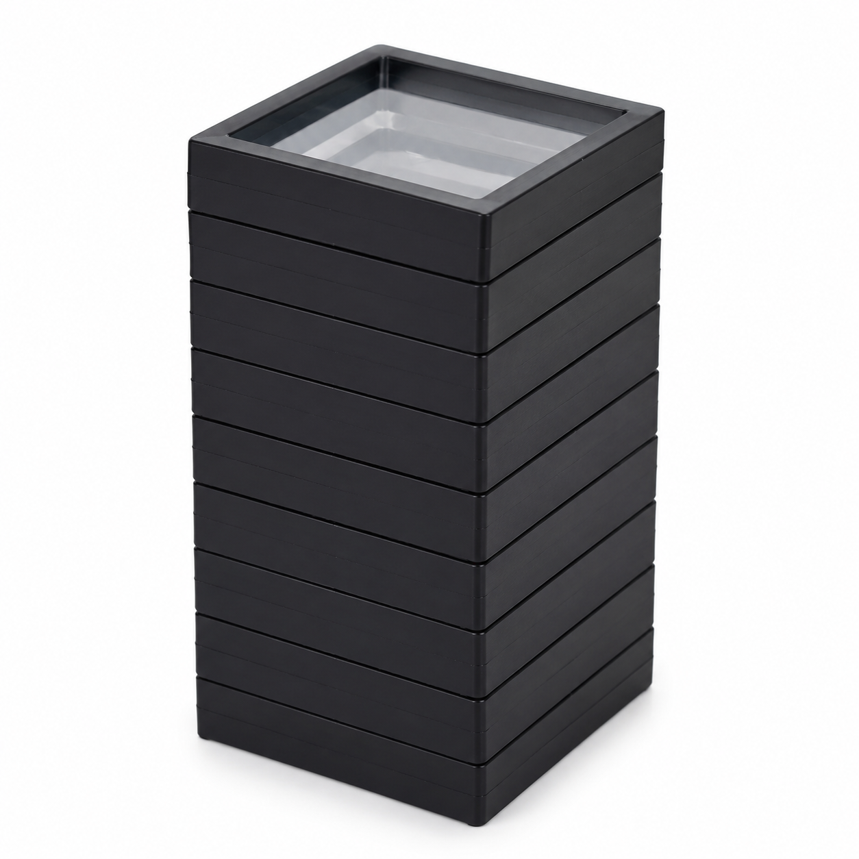 Juego de cajas cuadradas apilables con tapa transparente para joyería y objetos de colección.