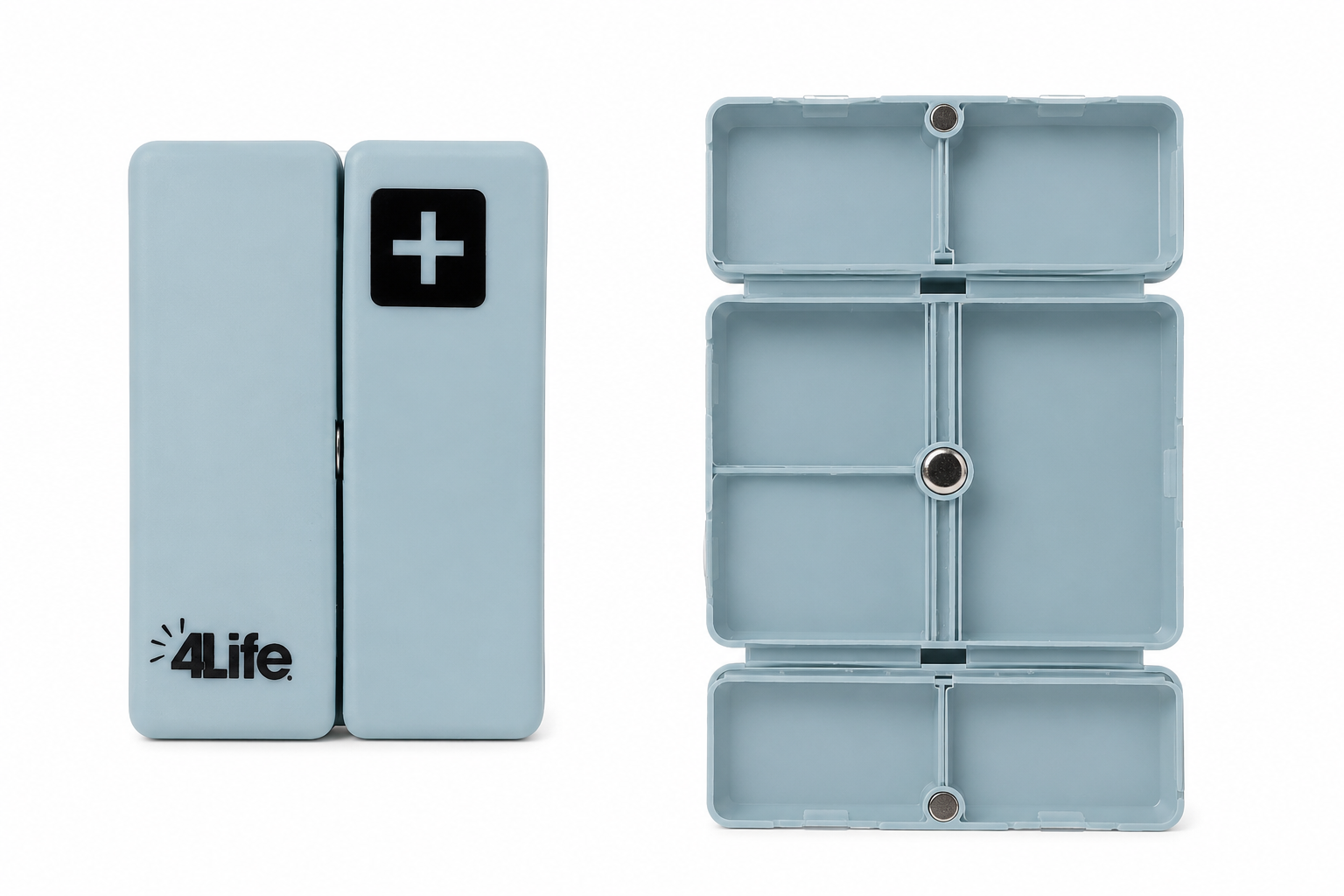 Pastillero Plegable Portátil con Compartimentos Magnéticos Color Azul Claro.