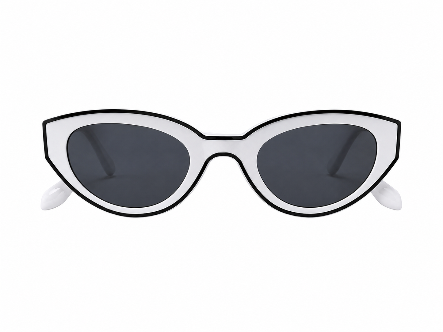 Gafas de sol estilo cat eye con montura blanca y lentes oscuros.