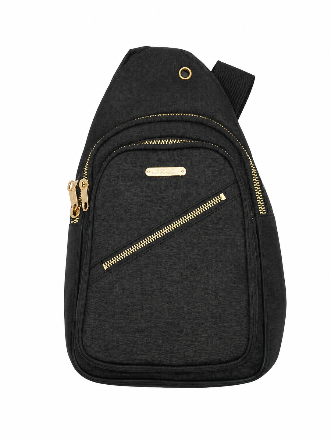 Mochila Cruzada Compacta Negra con Múltiples Compartimentos y Cremalleras Metálicas.