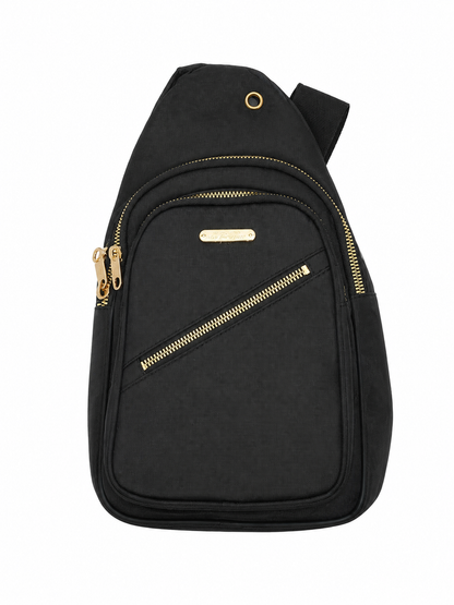 Mochila Cruzada Compacta Negra con Múltiples Compartimentos y Cremalleras Metálicas.
